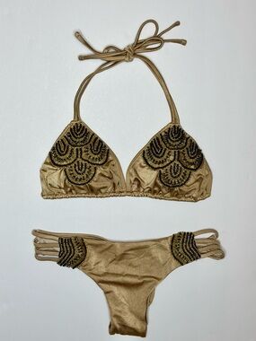 Gold Beaded Triangle Bikini Set - Women's Swim